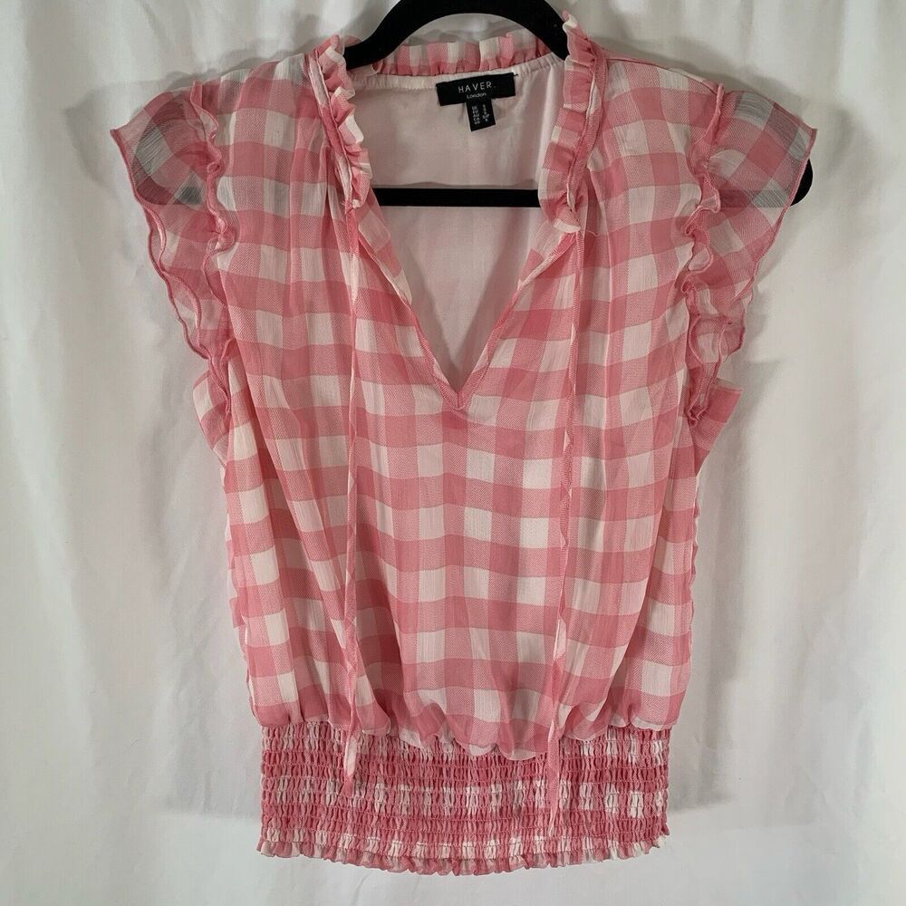 Haver London Blouse Women's Small Pink White Plaid Tassels Vneck Short Sleeve